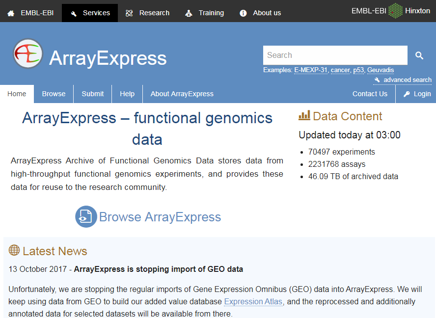 Page d'accueil d'ArrayExpress