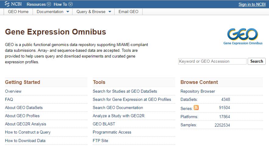 Page d'accueil de NCBI/GEO
